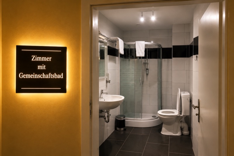 Beleuchtetes Schild „Zimmer mit Gemeinschaftsbad“ neben der offenen Tür zum Bad