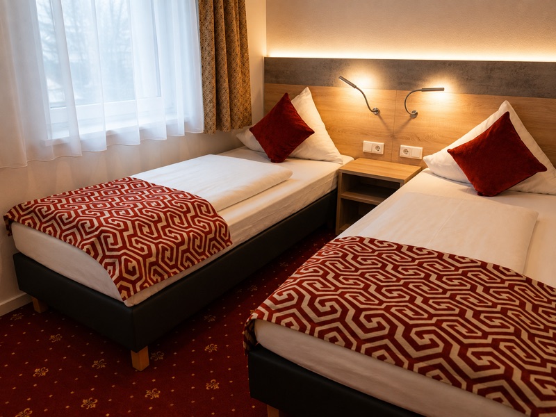 Zweibettzimmer mit zwei Einzelbetten, Leselampen und Fenster